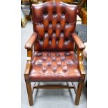 Red Leather Chesterfield Type Wooden Framed Armchair: