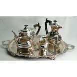 4 piece silver plated tea set & plated tray: The large tray measuring 67cm wide.
