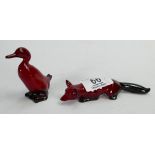 Royal Doulton Flambe Fox & Duck: height of tallest 7cm(2)