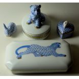 Four HEREND porcelain items: Large bear lidded box 10cm high,