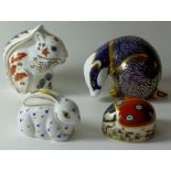 Four x Royal Crown Derby paperweights BADGER SQUIRREL LADYBIRD & RABBIT: Gold stoppers x 3,