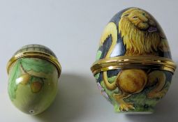 TWO Elliot Hall enamel BOXES ACORN and LARGE trial LION EGG: 45mm high 25/60,
