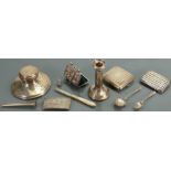 Group of hallmarked silver items: Includes loaded inkwell & candlestick both loaded and damaged,