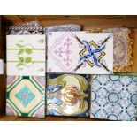 Tray collection of 24 mainly 19th century and Art Nouveau tiles: some minor damages noted.