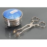 Silver guilloche enamel jewel box & silver tongs: Small area of damage to enamel,
