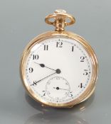 9ct gold hallmarked gents pocked watch: Open faced watch with keyless movement, winds ticks,