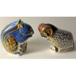 Two x Royal Crown Derby paperweights GREY SQUIRREL & DERBY COUNTY RAM: Gold stoppers, first quality,