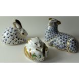Three x Royal Crown Derby paperweights Original HARVEST DOOR MOUSE RAM & Rabbit : Gold stoppers,