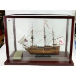 HMS Victory cased model: Measuring 68.5cm x 31.5cm x 48cm high appx. overall.