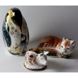 Three x Royal Crown Derby paperweights PIGLET PENGUIN with CHICK & LEICESTERSHIRE FOX : Gold