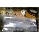 Tin cash box containing coins & UK pre 1946 silver coinage: Pre 1946 coins, gross weight 209g.