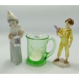 Royal Worcester figure with parakeet and Lladro girl with chicken:together with commemorative green