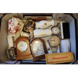 Tray collection of mixed items: including Masons and other mantle clocks, Aynsley vases,