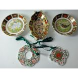 Five x Royal Crown Derby trays dishes & Christmas ornaments: With boxes.