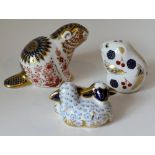 Three x Royal Crown Derby paperweights HARVEST MOUSE BEAVER & TWIN LAMBS: 2 x Gold stoppers & 1