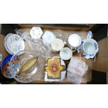 A mixed collection of items to include: cut glass bowl & decanter, cottage ware items,