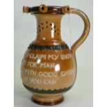 Doulton Lambeth Stoneware Puzzle Jug: 19th century Doulton Lambeth Stoneware puzzle jug with motto