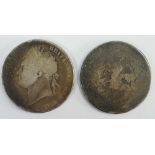 Two worn George IIII silver Crowns 1 x 1821: