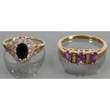 2 x 9ct gold dress rings: Sapphire & diamond cluster together with amethyst and white stone.