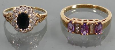 2 x 9ct gold dress rings: Sapphire & diamond cluster together with amethyst and white stone.
