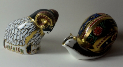 Two x Royal Crown Derby paperweights DERBY COUNTY RAM and SNAIL: Gold stoppers, certificates,
