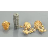 Gold coloured metal earrings & ring: Primitive made jewellery of unknown age or origin,