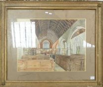 Large Watercolour Depicting Interior of Church: by J.W. Peers, broken glass and damage to frame, 46.