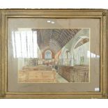 Large Watercolour Depicting Interior of Church: by J.W. Peers, broken glass and damage to frame, 46.