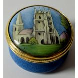 Moorcroft enamel Circular box CHURCH: Small size, hand painted and signed by artist, initials FW.