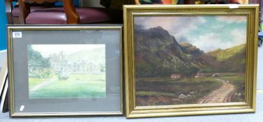 Oil painting on canvass of farm and valley scene: and a watercolour picture of a castle.