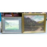 Oil painting on canvass of farm and valley scene: and a watercolour picture of a castle.