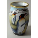 Moorcroft enamel VASE PENGUINS 9/50 for Sinclairs: Hand painted & signed with artist initials.