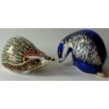 Two x Royal Crown Derby paperweights BUXTON BADGER & ASHBOURNE HEDGEHOG : Gold stoppers,