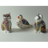 Three x Royal Crown Derby paperweights two KITTENS & CHAFFINCH: Gold stoppers,