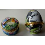 TWO Elliot Hall enamel BOXES ROBIN and trial UNICORN EGG: 47mm wide,