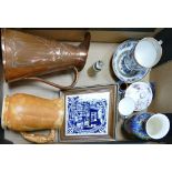 A mixed collection of items to include: Copper Arts & Crafts Jug, Delft Tile,