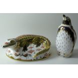 Two x Royal Crown Derby paperweights GALAPAGOS PENGUIN & CROCODILE: Gold stoppers, certificates,
