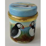 Elliot Hall enamel box PUFFIN: 52mm high with certificate & box, limited edition 3/30,