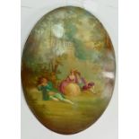 Oval Earthenware plaque: Hand painted with 18th century garden scene by Leslie Johnson, height 31cm.