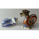 Two x Royal Crown Derby paperweights: BLUE FOX & DRAGON both seconds.