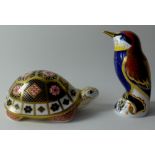 Two x Royal Crown Derby paperweights YORKSHIRE ROSE MOTHER TORTOISE & BEE EATER: Gold stoppers,