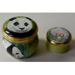 TWO Elliot Hall enamel BOXES PANDA and ORCHID: 34mm wide 75/75, together with ORCHID 25mm wide,