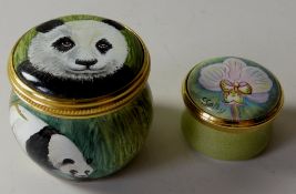TWO Elliot Hall enamel BOXES PANDA and ORCHID: 34mm wide 75/75, together with ORCHID 25mm wide,