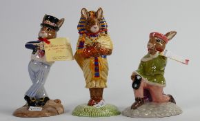 3 x Royal Doulton Bunnykins figures: Tutankhamun DB 296 with cert, Hornpiper DB 261 with cert,