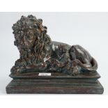 Large Bronzed Figure of a Lion on Wooden Base:
