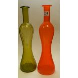 Two Mid Century Art Glass Tall Slim Coloured Glass Vases: height 42cm