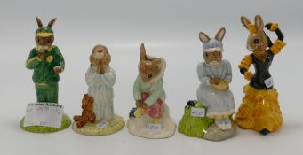 5 x Royal Doulton Bunnykins figures: Miss Muffet DB 240 no cert, Stopwatch DB 253 with cert,