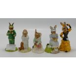 5 x Royal Doulton Bunnykins figures: Miss Muffet DB 240 no cert, Stopwatch DB 253 with cert,