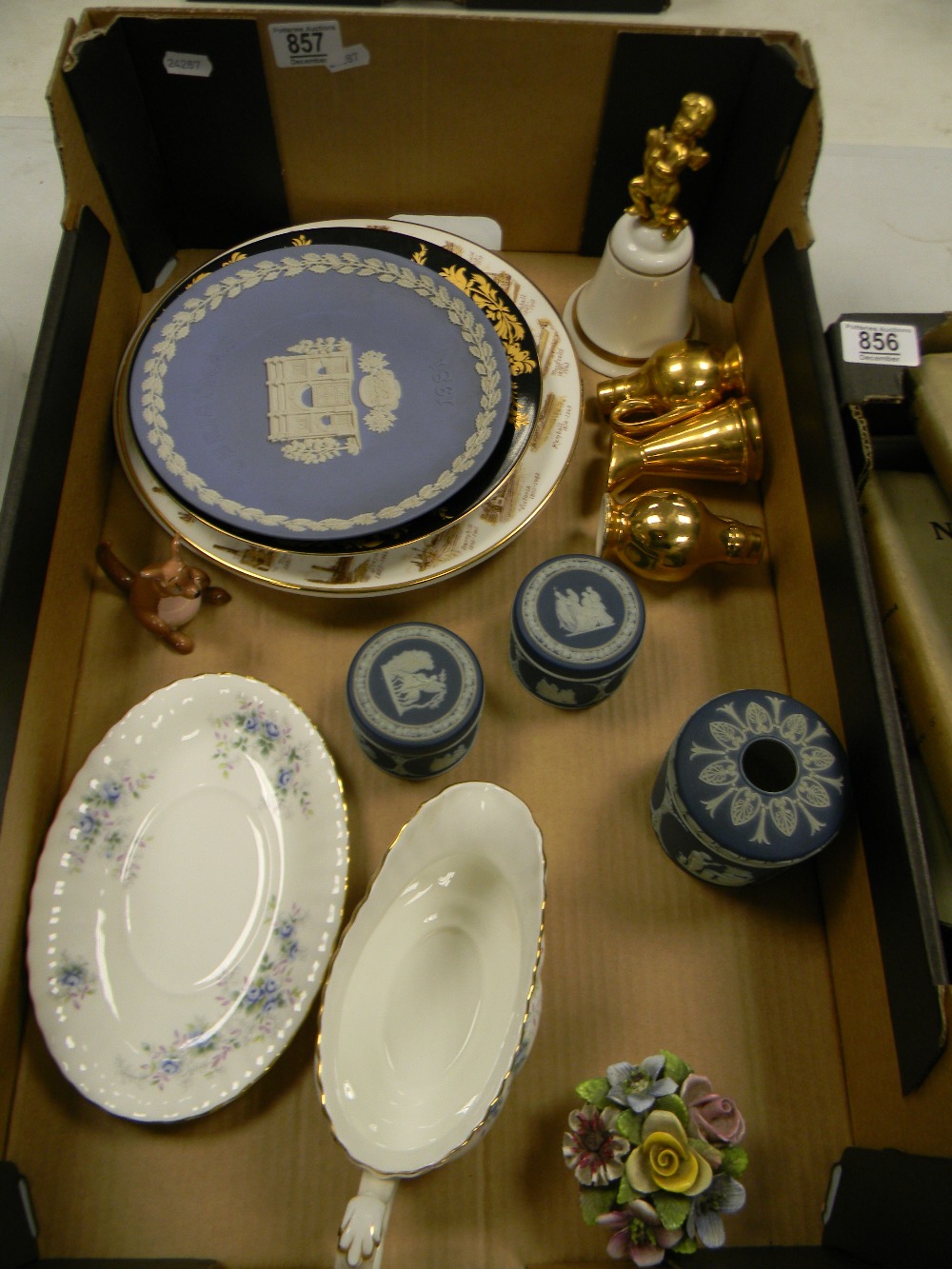 A mixed collection of items to include: Jasperware, Royal Albert Blue Blossom Gravy Boat,