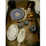 A mixed collection of items to include: Jasperware, Royal Albert Blue Blossom Gravy Boat,
